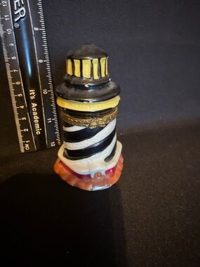 Lighthouse Shaped Hinged Trinket Box, Ceramic, Black White Gold, Collectible